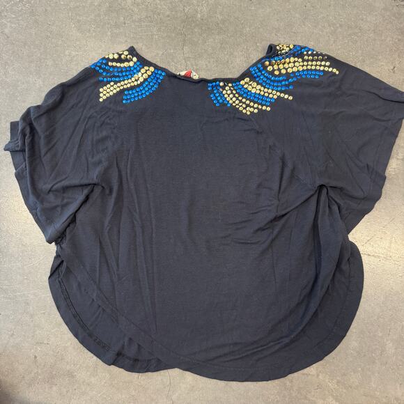 Vintage Y2K Free People Y2K Blue/Gold Studded Black Circular T-Shirt Top Small - Picture 2 of 5